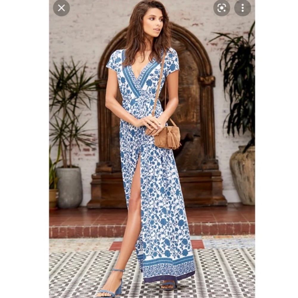 Lulus French Doors Blue Floral Wrap Maxi Dress, Short Sleeve in a size XS.